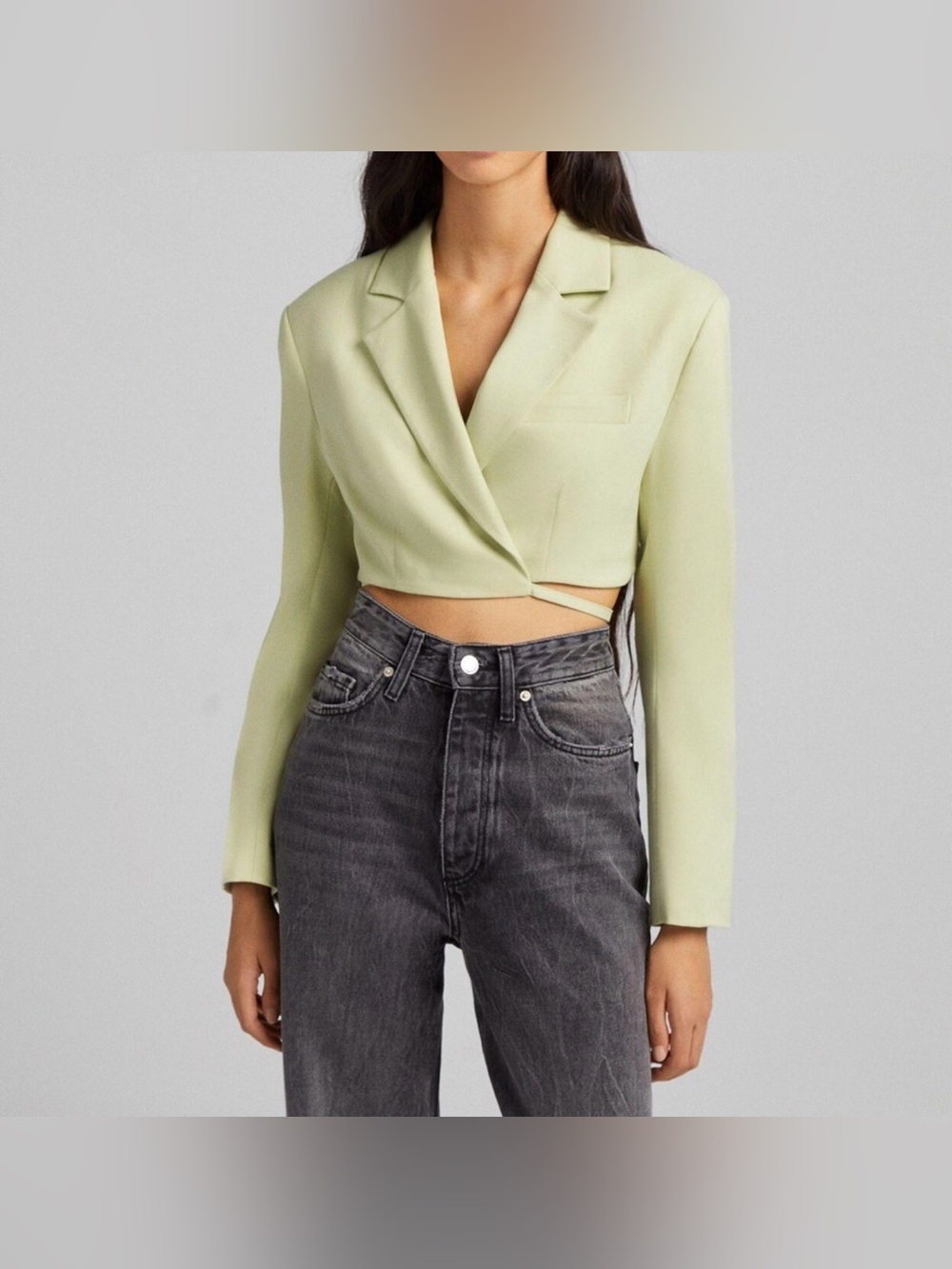 BERSHKA Sage green Crop Blazer With Back Detail Size S - Picture 2 of 15